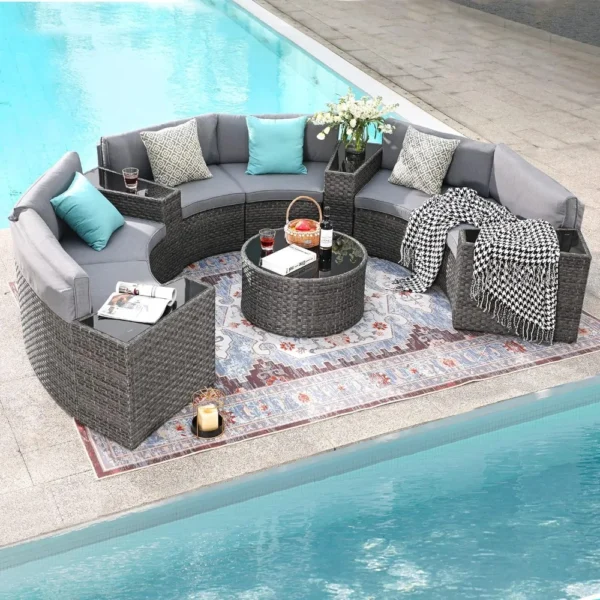 11 Pieces Patio Furniture Sets with Tempered Glass Coffee Table and 4 Pillows, Half-Moon Sectional Round Set Curved Sofa Sets