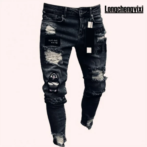 new White Embroidery Jeans Men Cotton Stretchy Ripped Skinny Jeans High Quality Hip Hop Black Hole Slim Fit Oversize Denim Pants - Image 3