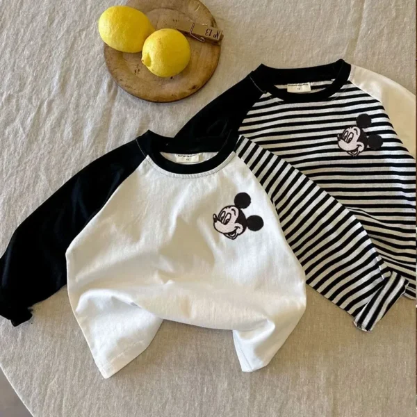 Children's Cotton Long Sleeved T-shirt Spring Autumn Toddler Boys Girls Mickey Mouse Cartoon Color Blocking Stripes Tee Clothes