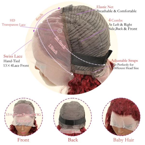 Beautiful 13×4 Bob Burgundy Water Wave Wig - Remy Hair" - Image 6