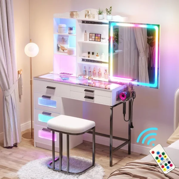 Vanity Desk with Sliding Mirror and Glass Desktop, LED Vanity Mirror with RGB Lights Desk and Chair, Dressers Vanity Table Set