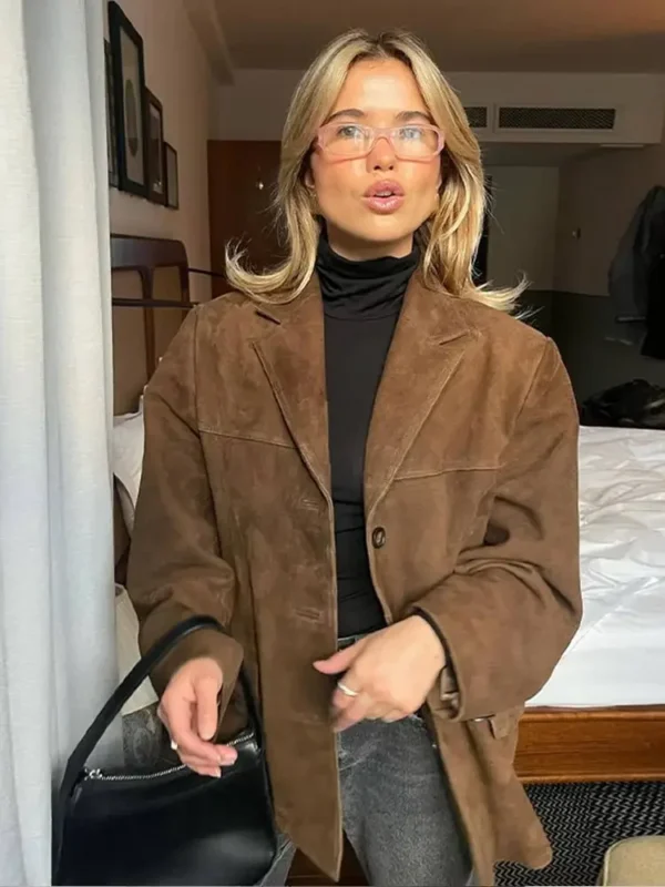 Women Chic Brown Casual Suede Jackets Lapel Long Sleeve Single Breasted Pockets Coats Autumn Solid Office Lady Commuting Tops - Image 4