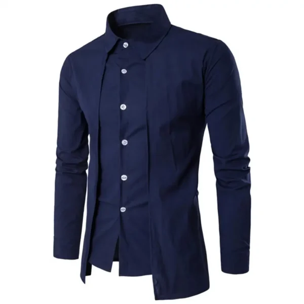 Stand Collar Fake Two-piece Men Shirt Double Placket Lapel Long Sleeve Slim Fit Formal Blazer Shirt Tops Fashion Social Shirt - Image 5