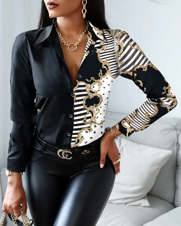 Women Fashion Wild Shirts Chain/Floral/Letter/Geometric Square Print Turn-Down Collar Long Sleeve Blouses - Image 5
