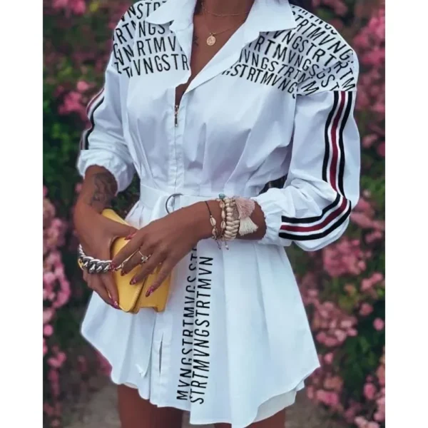 Women's Fashion Printed Waist Down Shirt Women's Zipper Tie Up Shirt Personality Pleated Shirt Woman - Image 2