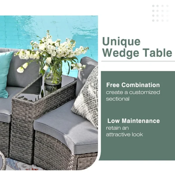 11 Pieces Patio Furniture Sets with Tempered Glass Coffee Table and 4 Pillows, Half-Moon Sectional Round Set Curved Sofa Sets - Image 5