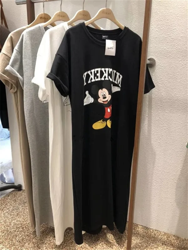 Brand Trend Summer New Women Dress Mickey Mouse Cartoon Loose Short-sleeved Over-the-knee Long T-shirt Skirt Popular Korea