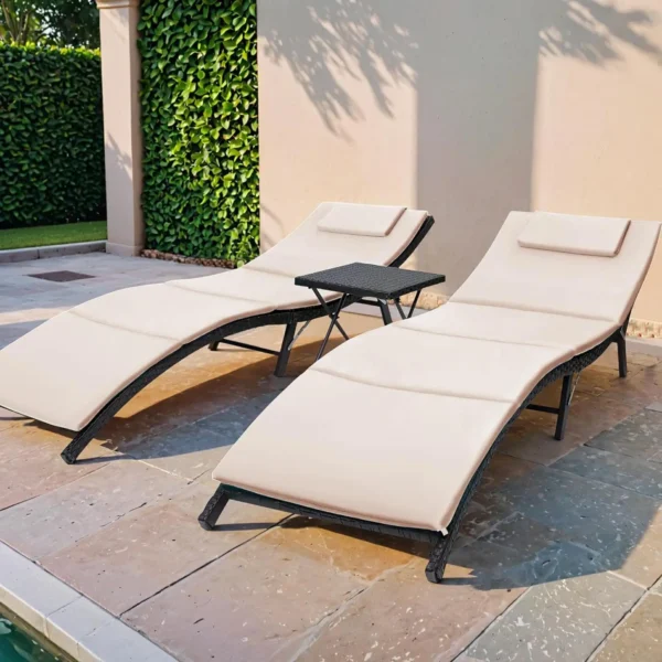 3Pcs Patio Chaise Lounge with Cushions Unadjustable Modern Outdoor Set PE Wicker Rattan Backrest Lounger Chair - Image 3
