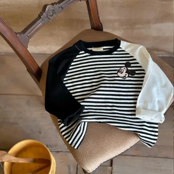 Children's Cotton Long Sleeved T-shirt Spring Autumn Toddler Boys Girls Mickey Mouse Cartoon Color Blocking Stripes Tee Clothes - Image 3