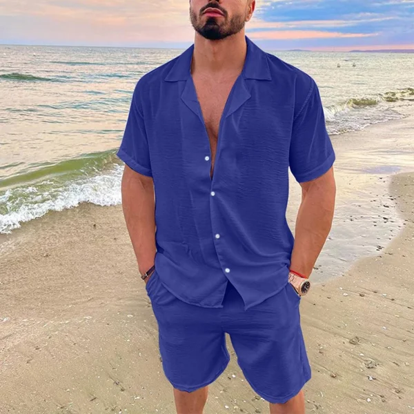 Men's Summer Casual Loose Two Piece Sets Beach Solid Cotton Linen Man Suit Short Sleeve Button Shirt And Shorts Office Outfits - Image 5