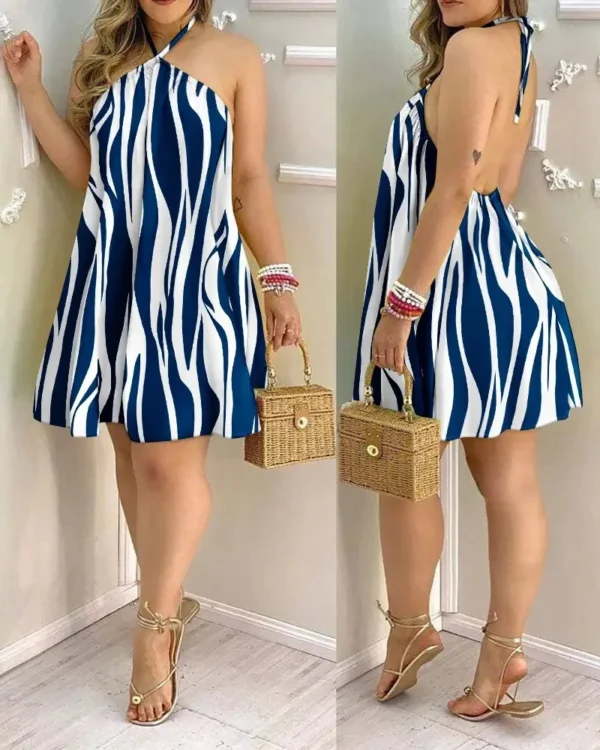 Tropical Print Halter Neck Dress, Vacation Style Backless Dress For Spring & Summer, Women's Clothing - Image 2