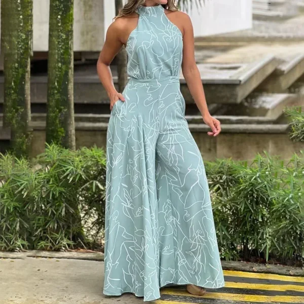 Summer Sexy Halterneck Bodycon Sleeveless High Jumpsuit 2023 Women Abstract Print Jumpsuit Chic Streetwear Wide Leg Romper Mujer - Image 5
