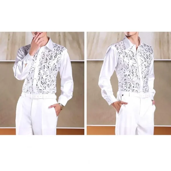 Formal Casual Shirt Tops Men's Luxury Sequins Performance Shirt for Wedding Stage Formal Casual Wear Long Sleeve Single-breasted - Image 3