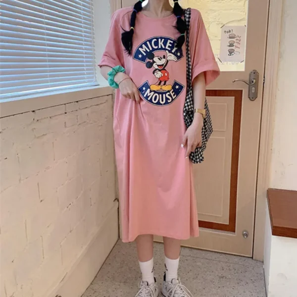 Brand Trend Summer New Women Dress Mickey Mouse Cartoon Loose Short-sleeved Over-the-knee Long T-shirt Skirt Popular Korea - Image 3