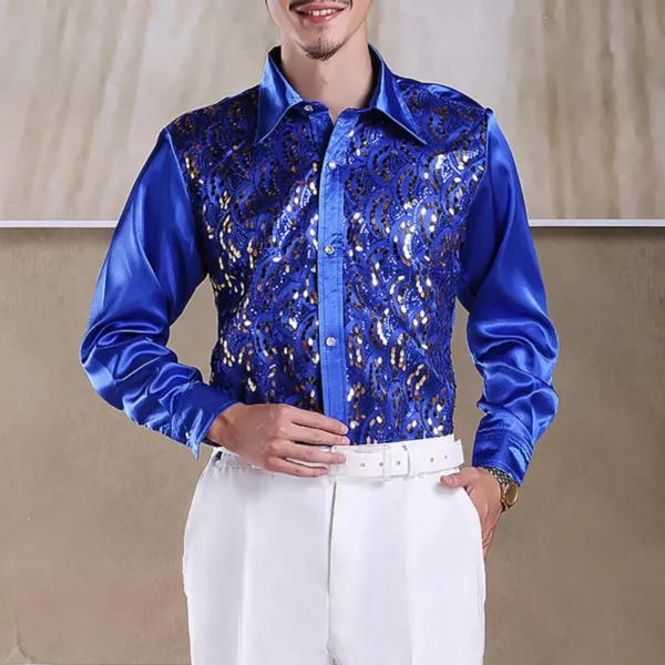 Formal Casual Shirt Tops Men's Luxury Sequins Performance Shirt for Wedding Stage Formal Casual Wear Long Sleeve Single-breasted - Image 2