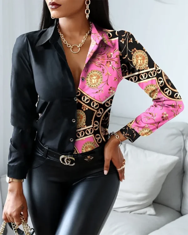 Women Fashion Wild Shirts Chain/Floral/Letter/Geometric Square Print Turn-Down Collar Long Sleeve Blouses - Image 4