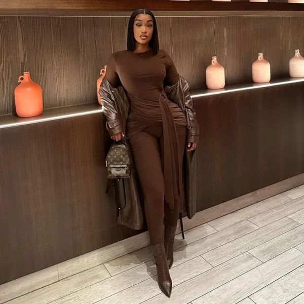 Sexy BrownSlim Fit Women Jumpsuits Casual Long Sleeve Rompers Designed Overalls Fitness 2024 Spring Outfits Club Party - Image 3