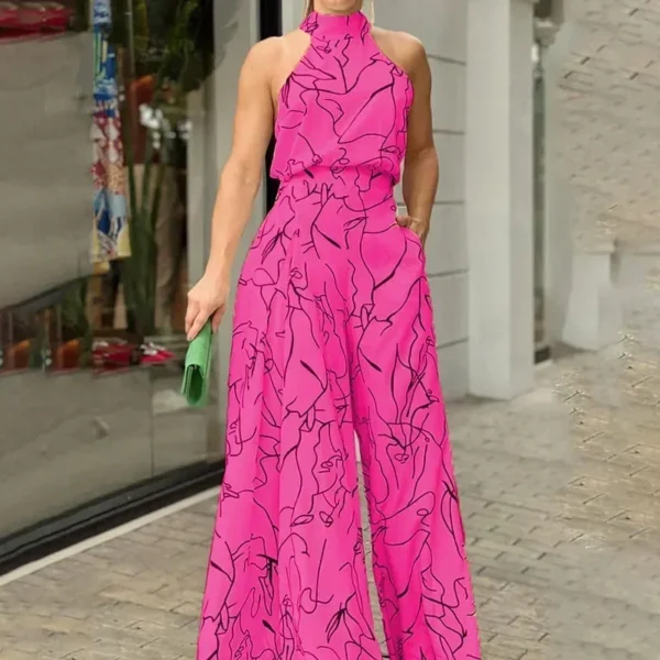 Summer Sexy Halterneck Bodycon Sleeveless High Jumpsuit 2023 Women Abstract Print Jumpsuit Chic Streetwear Wide Leg Romper Mujer - Image 2