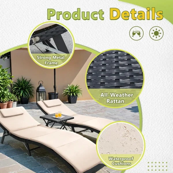 3Pcs Patio Chaise Lounge with Cushions Unadjustable Modern Outdoor Set PE Wicker Rattan Backrest Lounger Chair - Image 6