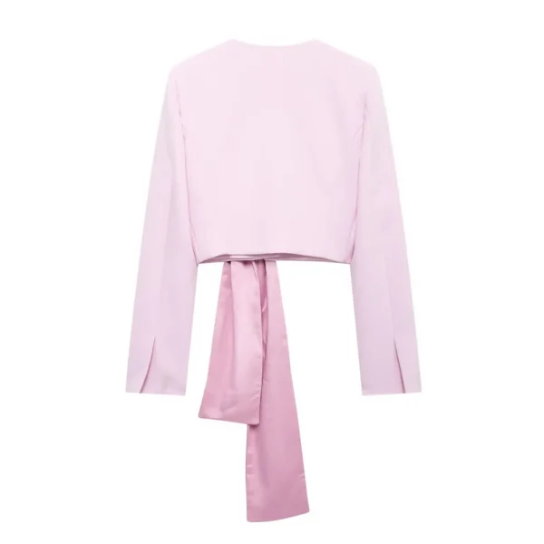 TRAFZA Elegant Women Solid Color Bow Decorate Blazer 2024 Woman Chic V-Neck Long Sleeves Open Stitch Short Coat Streetwear Mujer - Image 5