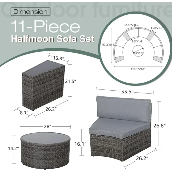 11 Pieces Patio Furniture Sets with Tempered Glass Coffee Table and 4 Pillows, Half-Moon Sectional Round Set Curved Sofa Sets - Image 6