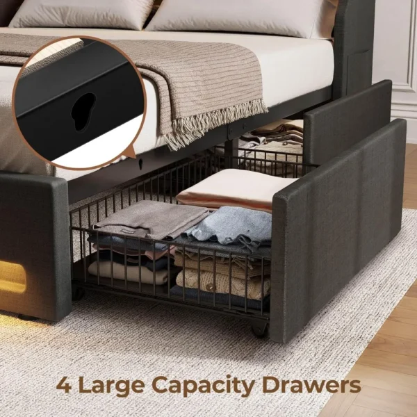 Twin Bed Frame with LED Lights and Charging Station, Upholstered Bed with Drawers, Wooden Slats, Noise Free, Easy Assembly - Image 4