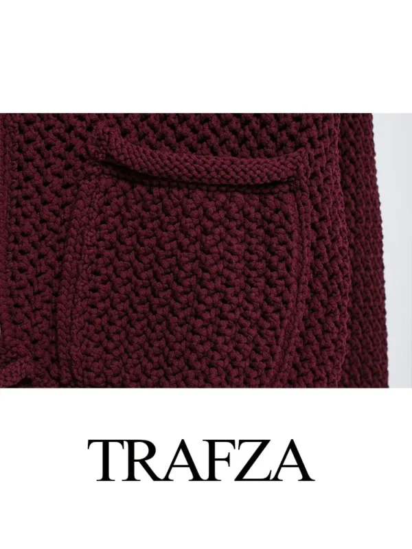 TRAFZA 2024 Female Casual Cardigan Sweater Coat 2 Pockets Wine Red Solid Metal Button Knitted Sweater Woman Autumn Trends Street - Image 6