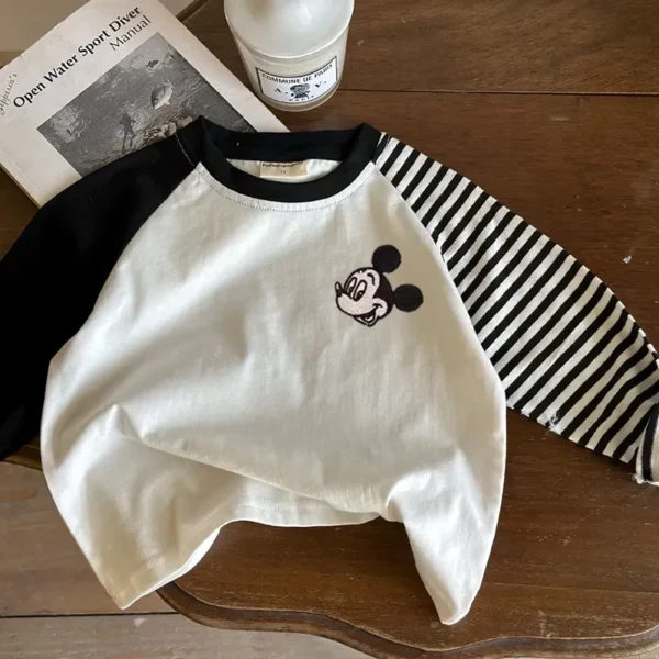 Children's Cotton Long Sleeved T-shirt Spring Autumn Toddler Boys Girls Mickey Mouse Cartoon Color Blocking Stripes Tee Clothes - Image 2