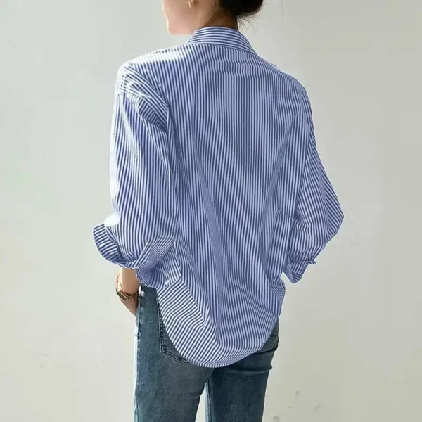 Women Spring Summer Blouses Shirts Lady Fashion Casual Long Sleeve Turn-down Blue Stripes Blusas Tops - Image 2