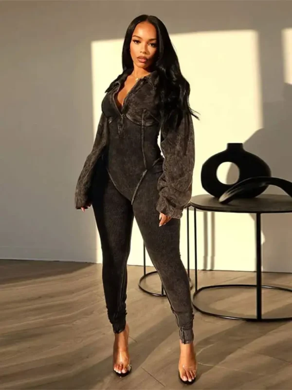 Sexy Sports Jumpsuits Women Autumn New Lapel Long Sleeve Bodycon Rompers Streetwear Female Casual Skinny Fitness Overall - Image 2