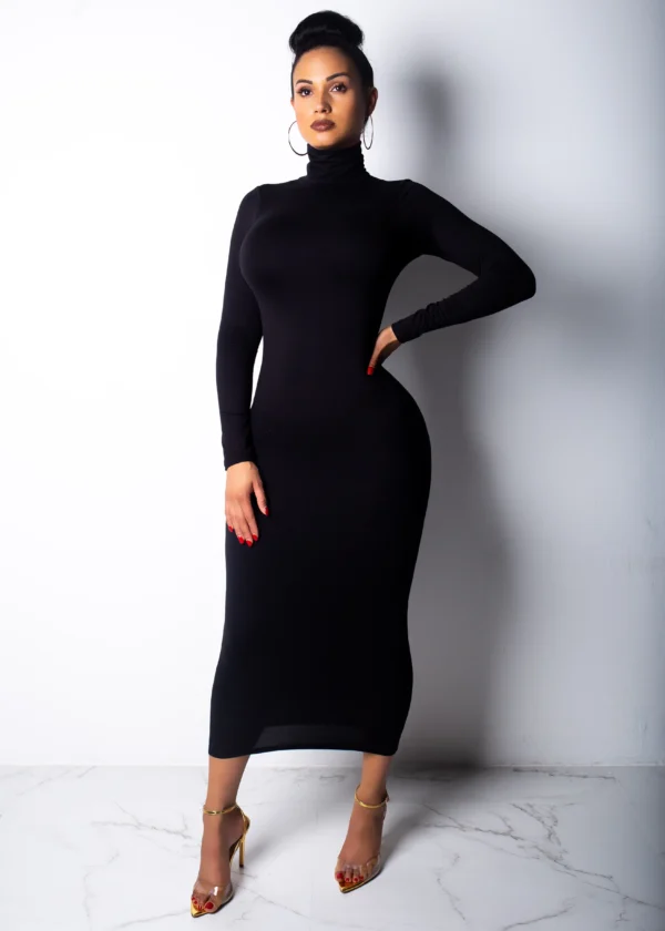 New Winter Longuette Long-Sleeved Elastic Force Slim High Collar Slim Long Dress - Image 2