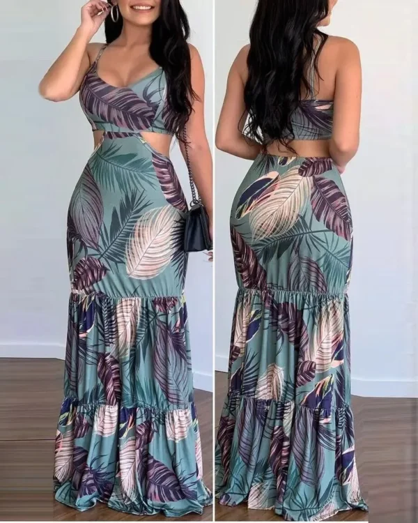 Women Dress Camisole Long Dresses Print Folds Sleeveless Slim Fit V Neck Elegant A Line Splice Vestidos Beach Summer 2024 - Image 2