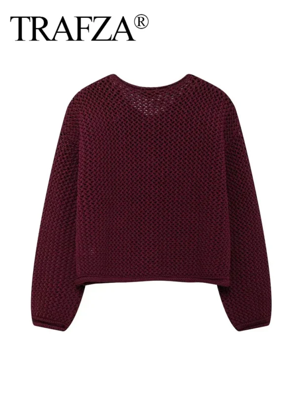TRAFZA 2024 Female Casual Cardigan Sweater Coat 2 Pockets Wine Red Solid Metal Button Knitted Sweater Woman Autumn Trends Street - Image 3