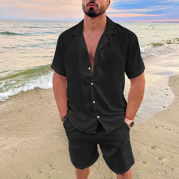 Men's Summer Casual Loose Two Piece Sets Beach Solid Cotton Linen Man Suit Short Sleeve Button Shirt And Shorts Office Outfits - Image 4