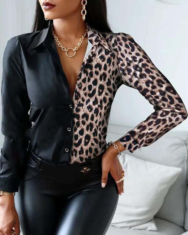 Women Fashion Wild Shirts Chain/Floral/Letter/Geometric Square Print Turn-Down Collar Long Sleeve Blouses - Image 3