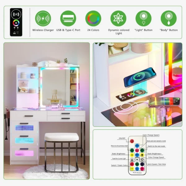 Vanity Desk with Sliding Mirror and Glass Desktop, LED Vanity Mirror with RGB Lights Desk and Chair, Dressers Vanity Table Set - Image 5