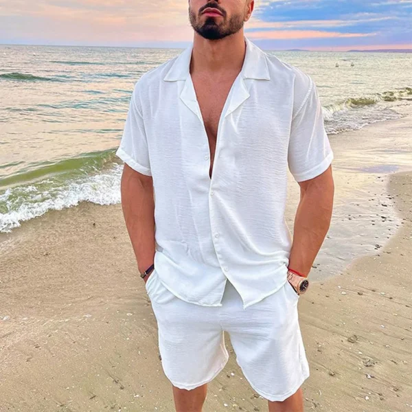 Men's Summer Casual Loose Two Piece Sets Beach Solid Cotton Linen Man Suit Short Sleeve Button Shirt And Shorts Office Outfits - Image 6