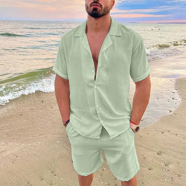 Men's Summer Casual Loose Two Piece Sets Beach Solid Cotton Linen Man Suit Short Sleeve Button Shirt And Shorts Office Outfits - Image 3