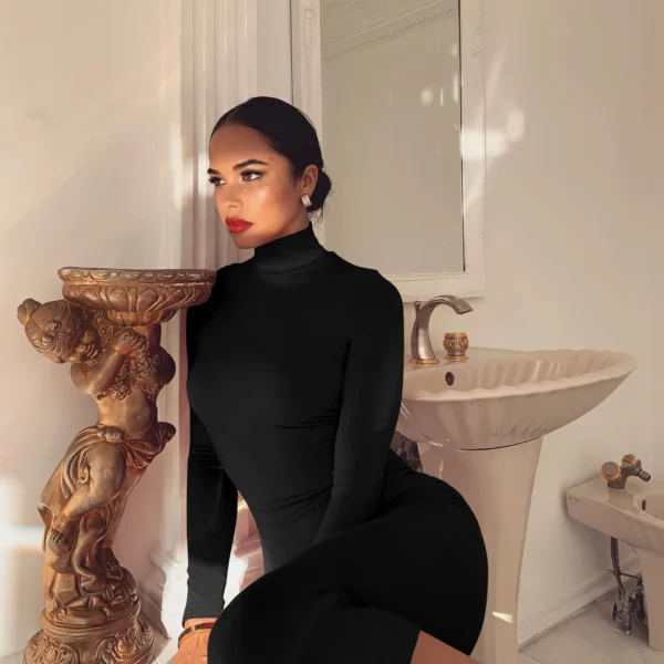 New Winter Longuette Long-Sleeved Elastic Force Slim High Collar Slim Long Dress - Image 3
