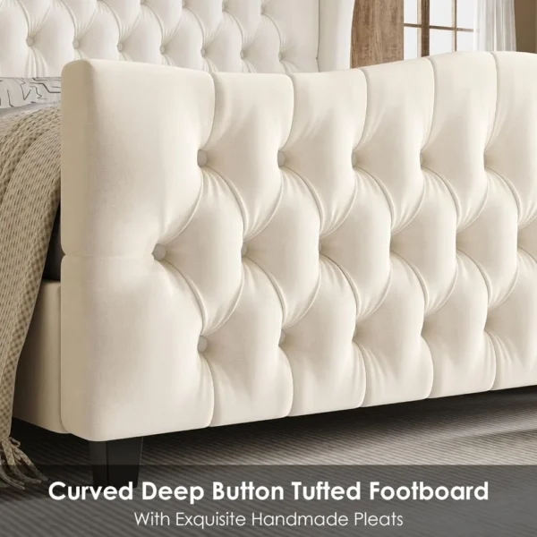 King Bed Frame with Velvet Upholstered Deep Button Tufted Wingback Headboard and Footboard, No Box Spring Needed, King Bed Frame - Image 4