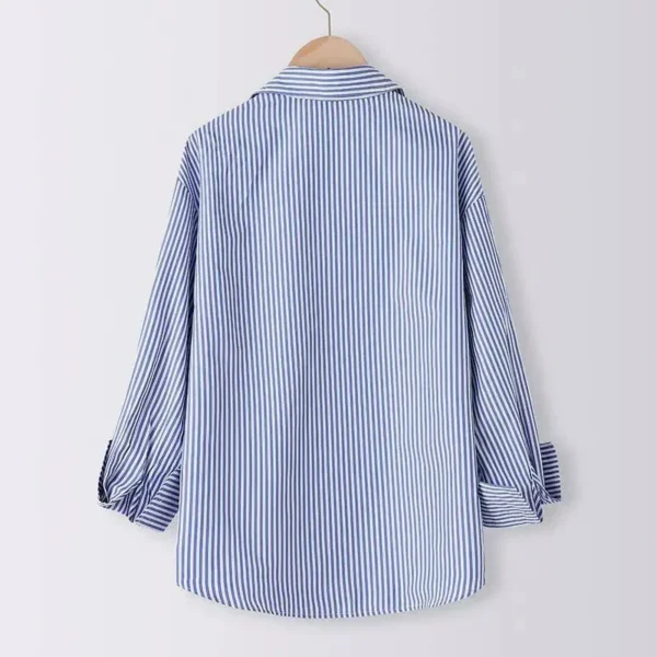 Women Spring Summer Blouses Shirts Lady Fashion Casual Long Sleeve Turn-down Blue Stripes Blusas Tops - Image 4
