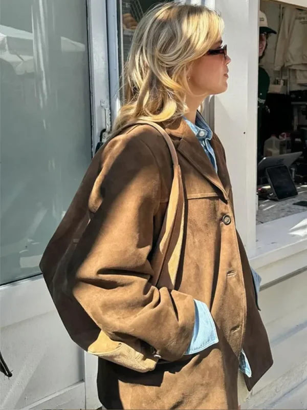 Women Chic Brown Casual Suede Jackets Lapel Long Sleeve Single Breasted Pockets Coats Autumn Solid Office Lady Commuting Tops - Image 3