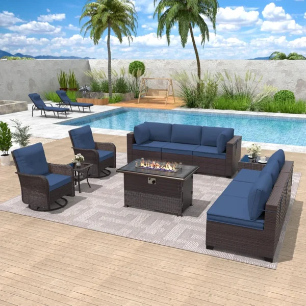 11pcs Outdoor Sectional Sofas w/55000 Gas Fire Pit Patio Conversation Set w/8 Cushions &2 Swivel Chairs - Dark Blue