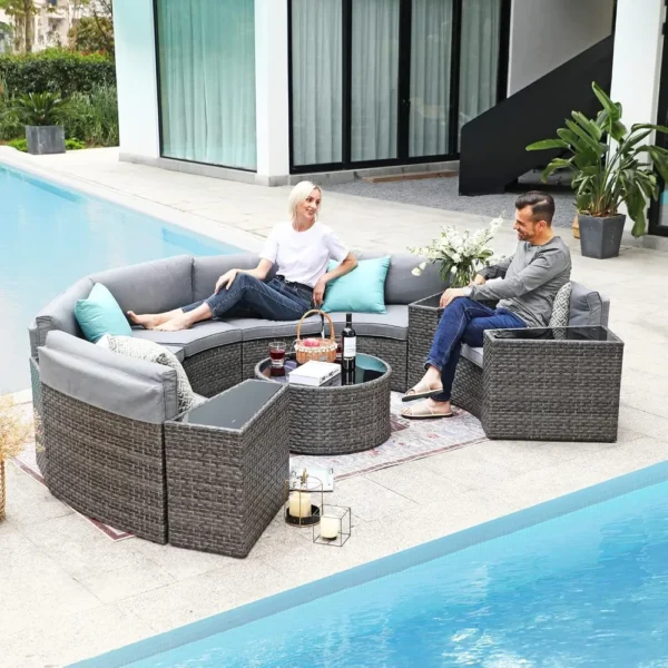 11 Pieces Patio Furniture Sets with Tempered Glass Coffee Table and 4 Pillows, Half-Moon Sectional Round Set Curved Sofa Sets - Image 2
