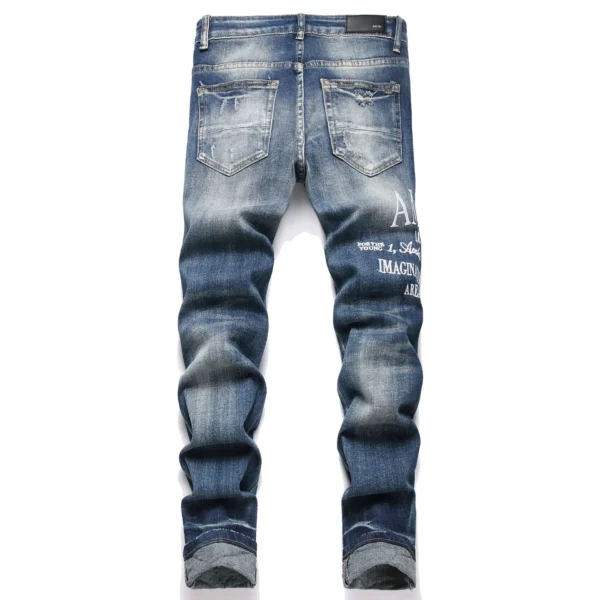 Hand Embroidered Jeans Men Gradient color Pattern Personality Cotton High Elastic Slim Trousers 3D High Street Wash Hole Skull - Image 4