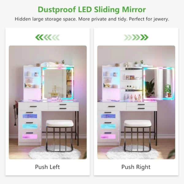 Vanity Desk with Sliding Mirror and Glass Desktop, LED Vanity Mirror with RGB Lights Desk and Chair, Dressers Vanity Table Set - Image 6