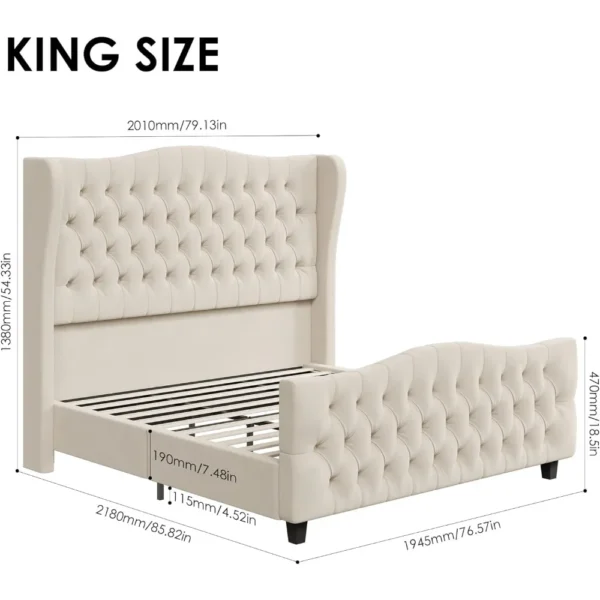 King Bed Frame with Velvet Upholstered Deep Button Tufted Wingback Headboard and Footboard, No Box Spring Needed, King Bed Frame - Image 5